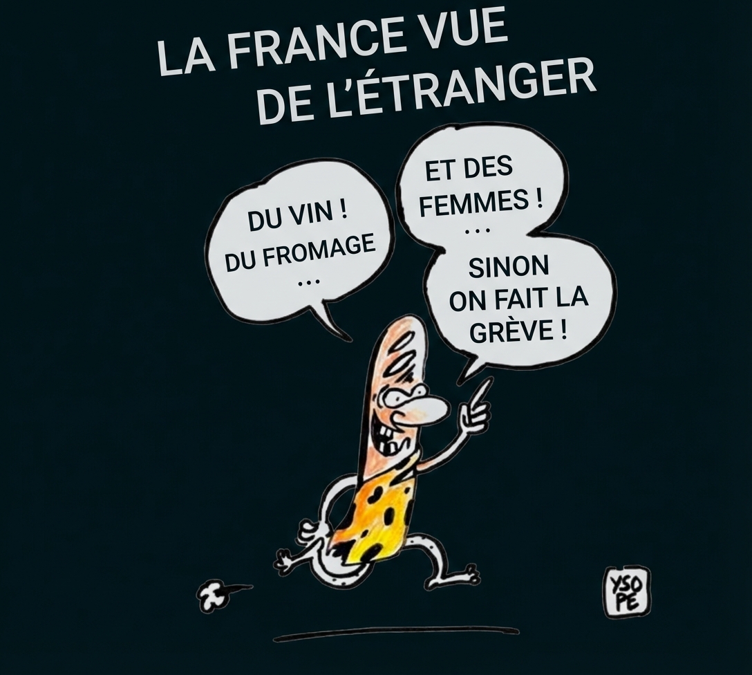 Karikatur einer laufenden Baguette-Figur mit Sprechblasen über Wein, Käse und Frauen.